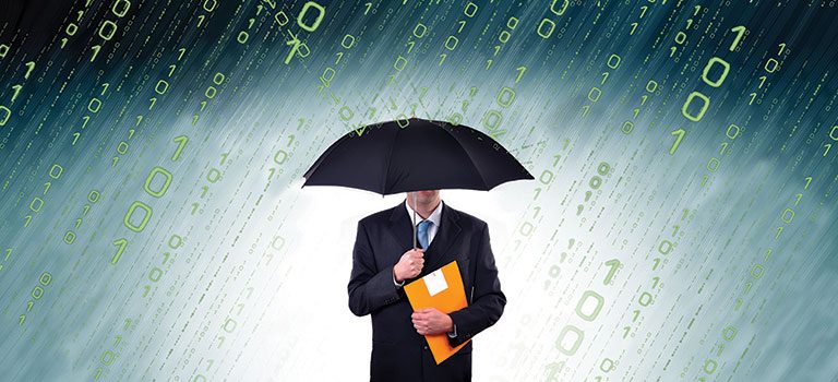 A man in a suite stands with an umbrella as binary code rains down. The photo is a metaphor for Cybersecurity Insurance.