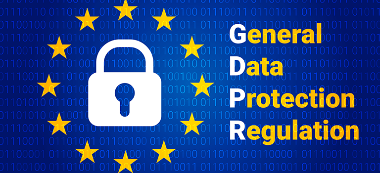 GDPR Lock with yellow stars surrounding it set to a blue binary background with the words General Data Protection Regulation featured data breaches