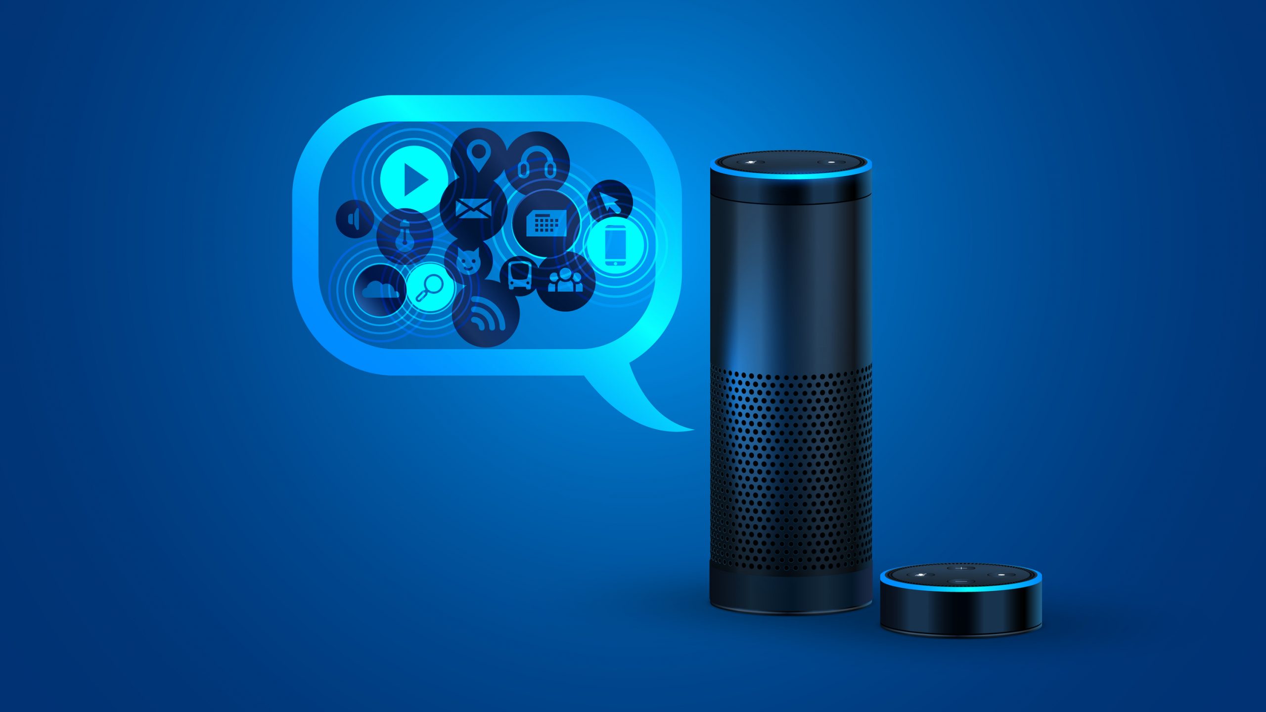 Iot Device Alexa against a blue background, speech bubble with gears.